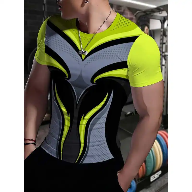 Men's Quick Dry Wing Themed Gym T Shirt V Shaped Mecha Design High Elastic Breathable Tight Fit Top With Fluorescent Green Or