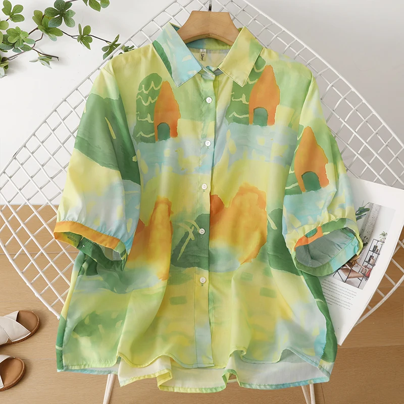 

Lightweight Loose Women's Shirt Breathable Cotton Short Sleeve Printed Neck Casual Fashion Summer Clothing