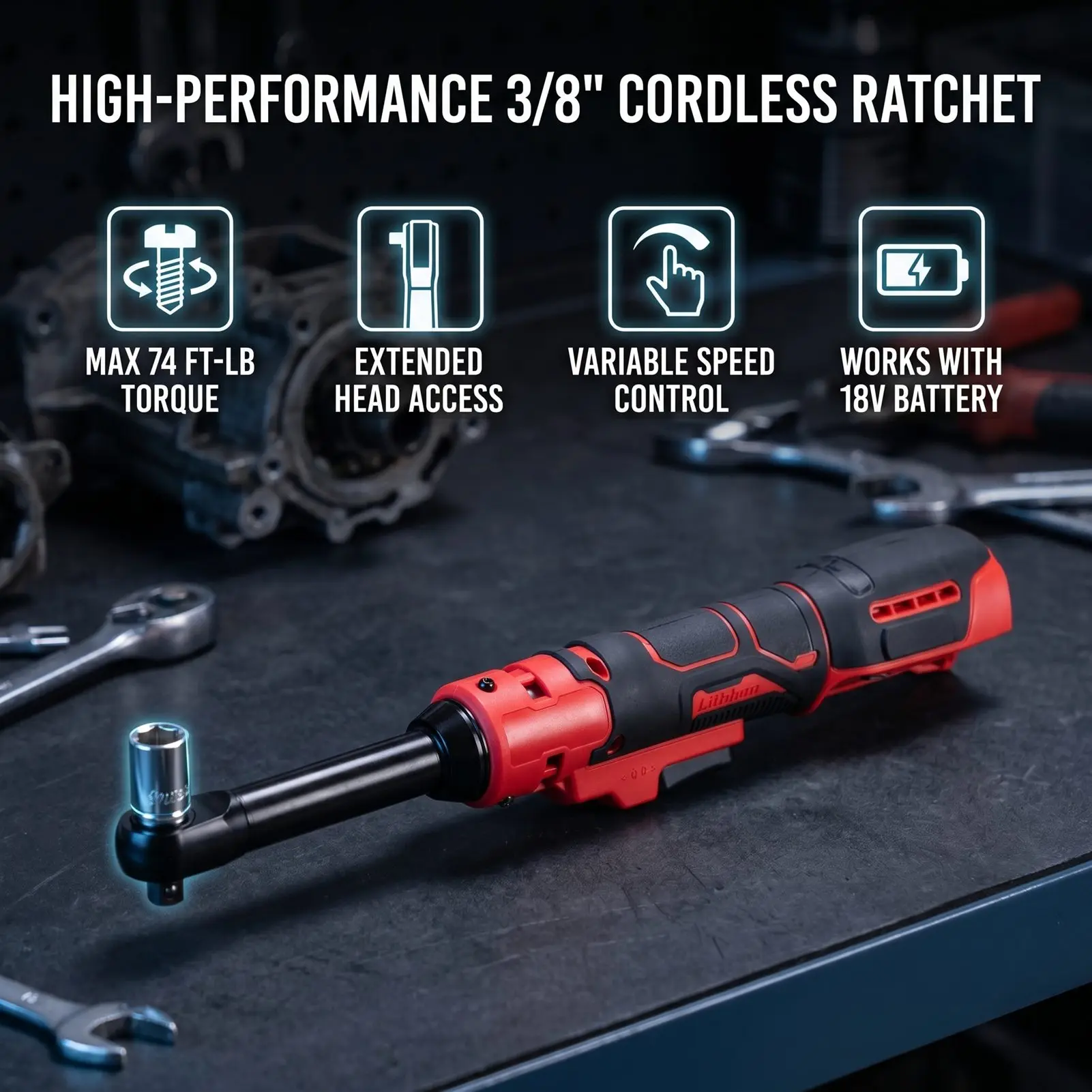 ， Cordless Ratchet Wrench 3/8in Electric Impact 74Ft-Lbs with Reinforced 6.3in Head 1/2in 1/4in Adapter 3in Extension Bar