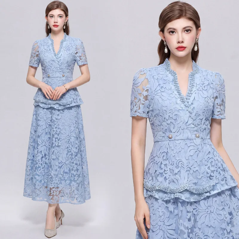 Summer Autumn Holiday Floral Maxi Formal Evening Dresses Women\'s Long Sleeve Lace Chiffon Dress Embroidery Vestidos Midi Robe