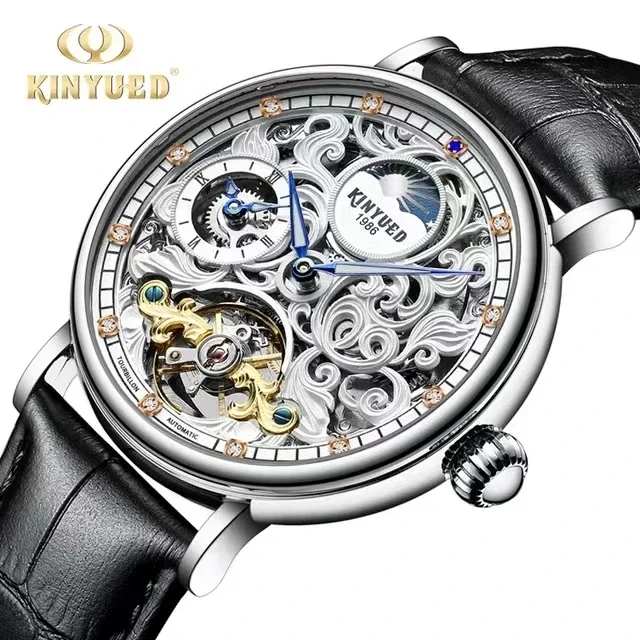 

KINYUED J078 Tourbillon Skeleton Automatic Mechanical Watches for Men Wristwatch 3ATM Waterproof Watch Moon Phase Reloj Hombre