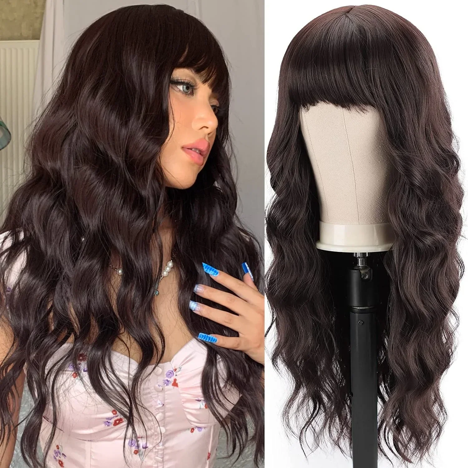 

1-24" Long Wavy Synthetic Wigs with Full Bangs Heat Friendly Fiber Hair Brown Machine Made None Lace Synthetic Wig