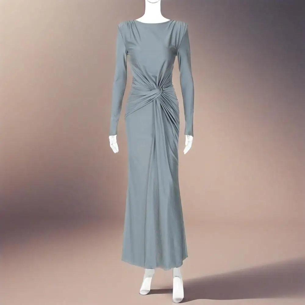 2025, neuer Stil, elegantes und modisches, langärmliges, figurbetontes, verdrehtes, einfarbiges Abendkleid mit Rundhalsausschnitt