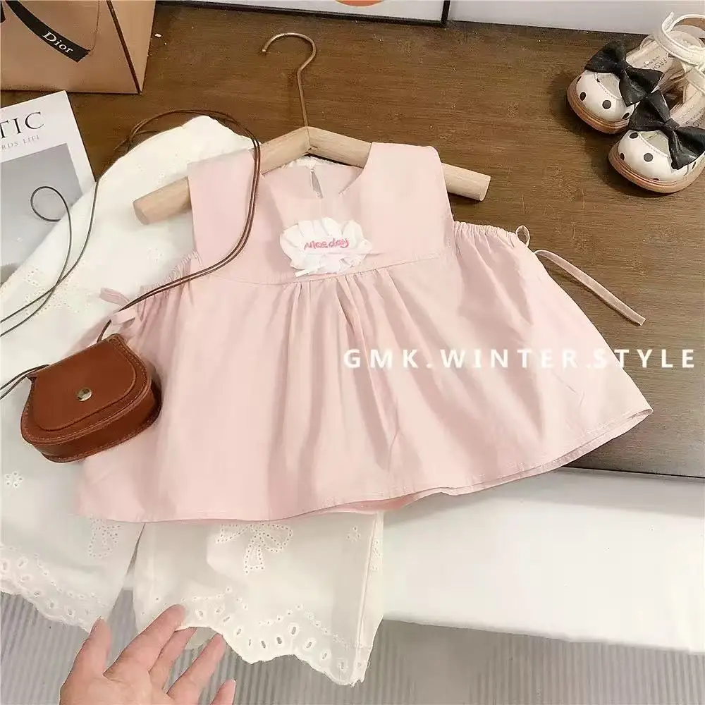 

Girl Baby Elegant Style Set Children's Summer Thin Doll Shirt Lace Wide Leg Pants Two Piece Set 2-7Y