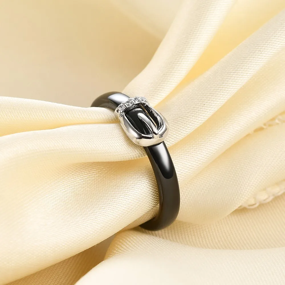 4mm Black/White Ceramic Crystal Wedding Rings Jewelry For Women Personalized Belt Buckle Stainless Steel Lovers Ring Engagement