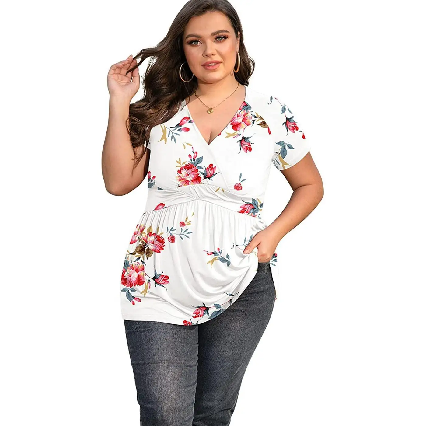 Cseta Plus Size Estampada Fena Estilo Étnico Solta de Aodão Manga Curta Gola Redonda Crimento Médio Casual para N...