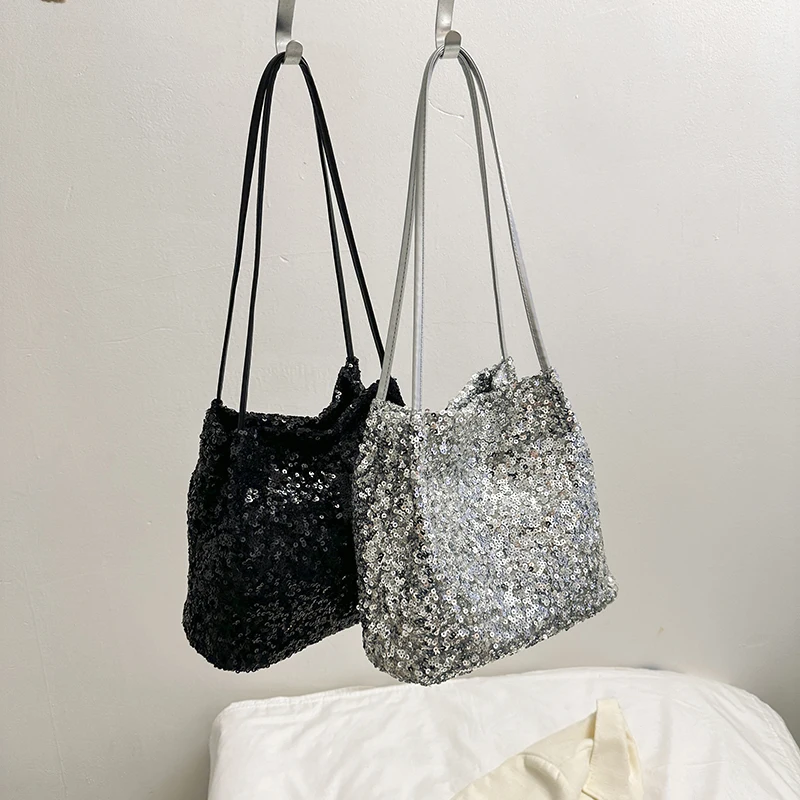 Women Bag Ladies Leisure Solid Color Totes Bag Large Capacity Sequins Handbag Luxury Sparkling Bucket Bag Women\'s Shoulder Bags