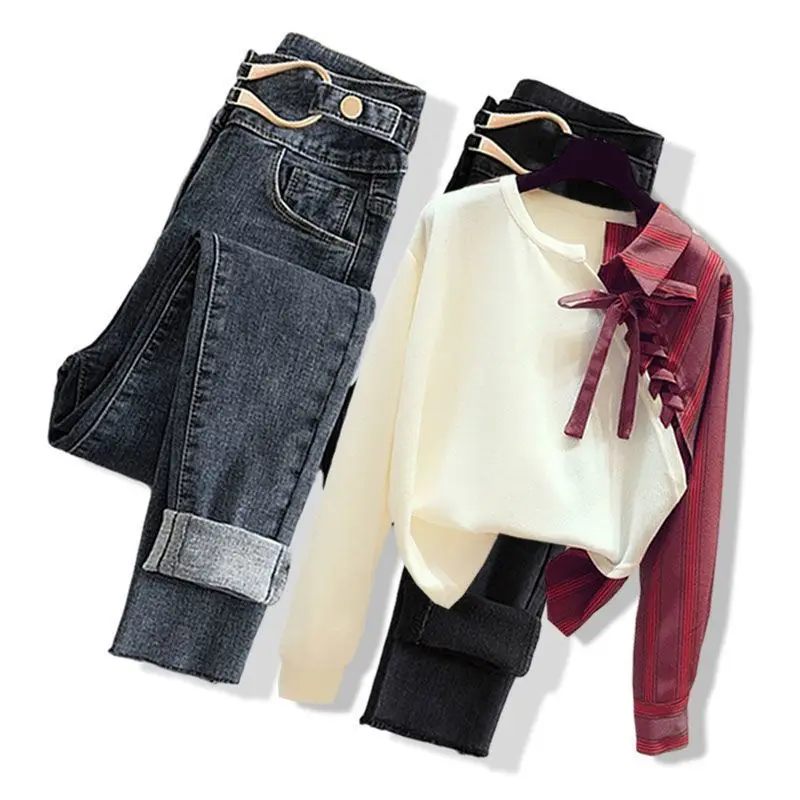 Spring and Autumn Versatile Women's Set 2024 New Design Fake Two piece Top Style Slimming Jeans Two piece Set