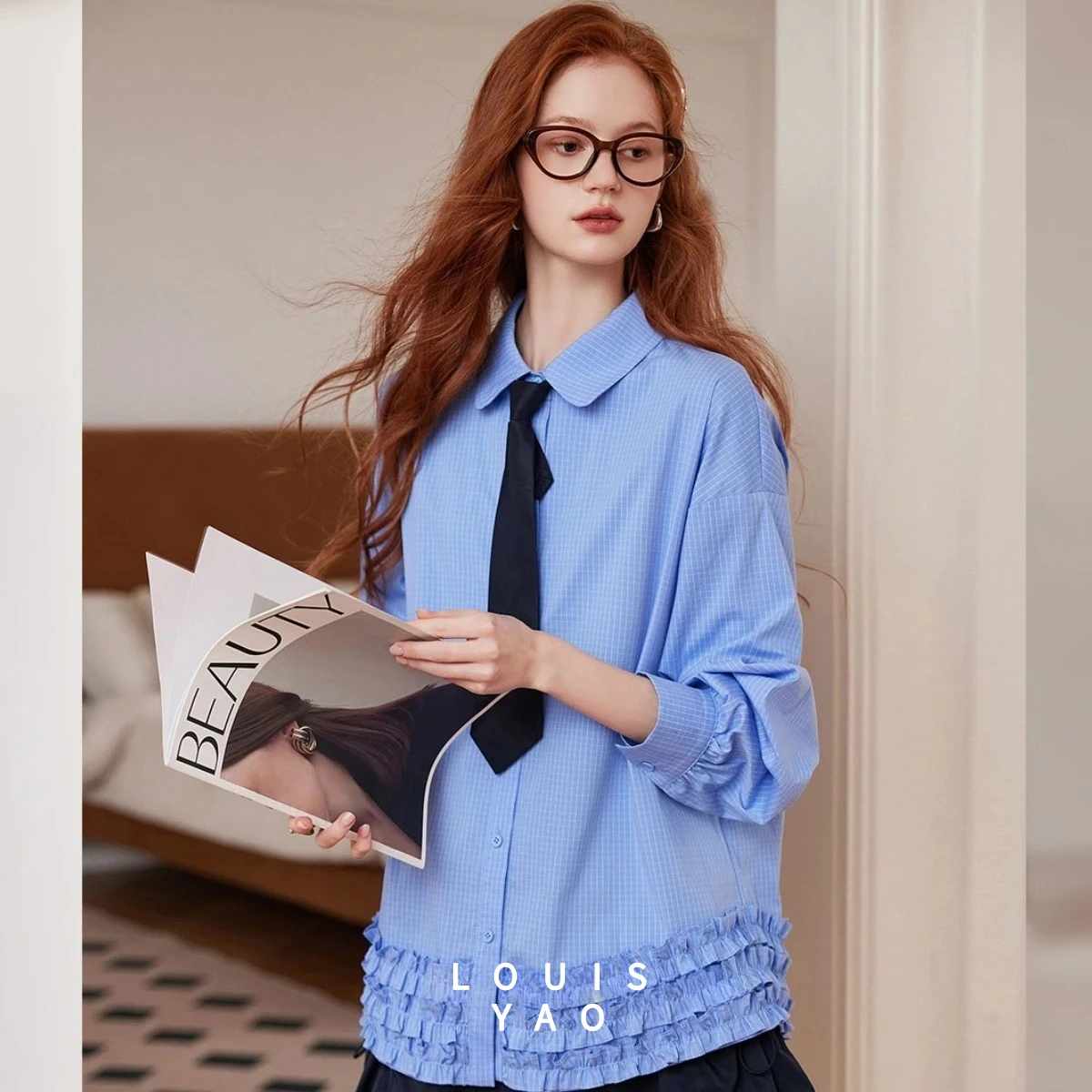 

LOUISYAO Casual Turn-down Collar Loose Women's Shirt 2025 Autumn Top Retro Plaid Mushroom Edge Long Sleeve Blouses