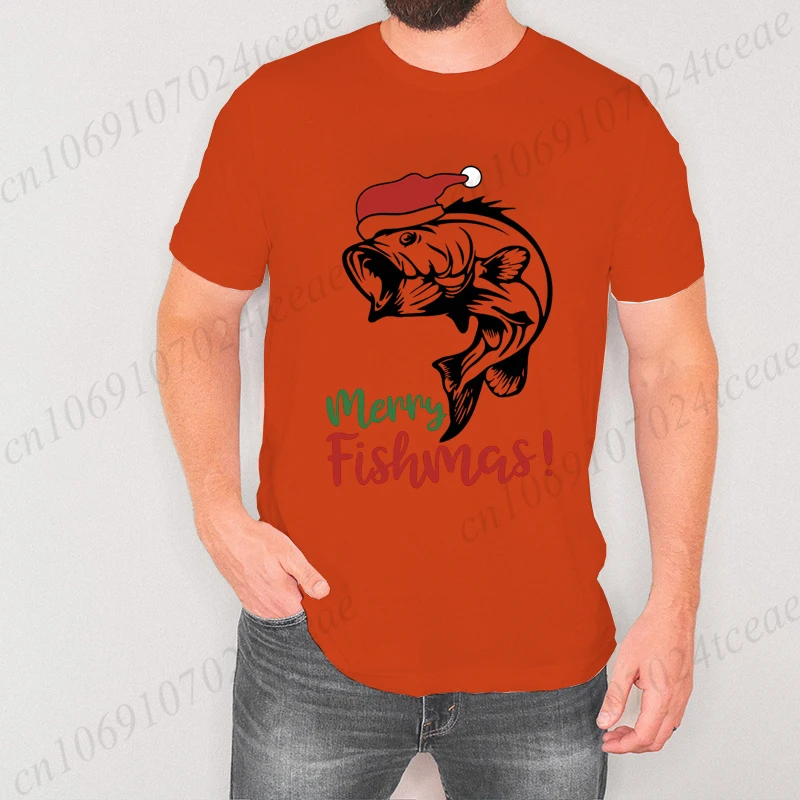 الصيد عيد الميلاد الرجال تي شيرت مرح Fishmas طباعة تيز موضة قصيرة الأكمام عادية المتضخم تي شيرت صياد عيد الميلاد القمم