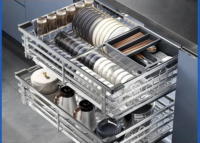 304 stainless steel drawer type push-pull kitchen cabinet double-layer pumping bowl storage kitchen cabinet dish basket