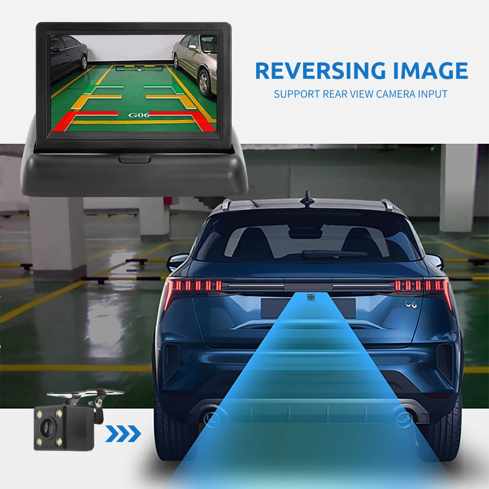 MJDOUD 자동차 후방 카메라 모니터, 접이식 4.3 인치 TFT LCD HD 스크린, 역방향 LED 백업 역방향 카메라, 차량 주차용