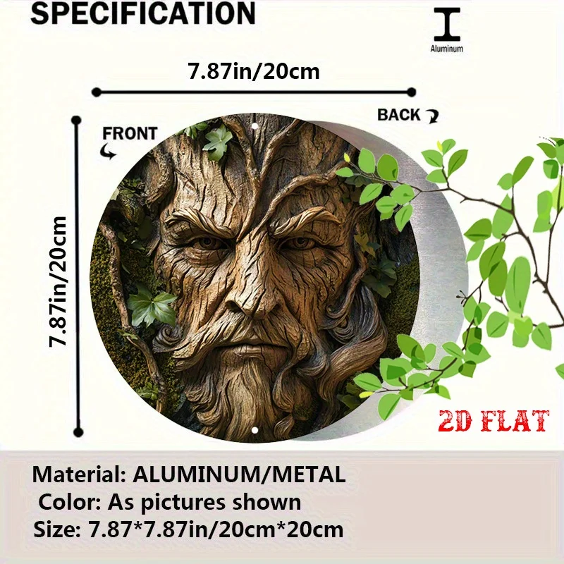 2D Metal Sign Retro Round Metal Wall Art, Serious Statue with Leaves Bark Carved, Coastal Patio Backyard Decor for Party