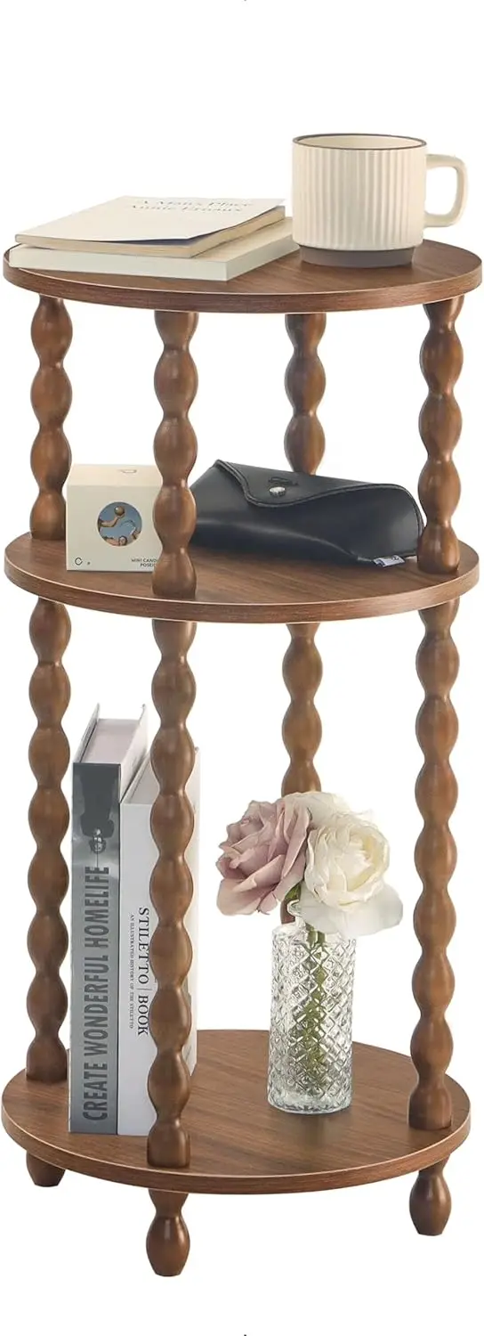 

Small Round End Table, Round Side Table with 3-Tier Open Shelf for Small Spaces, Wood Accent Table Nightstand for Bedroom, Li