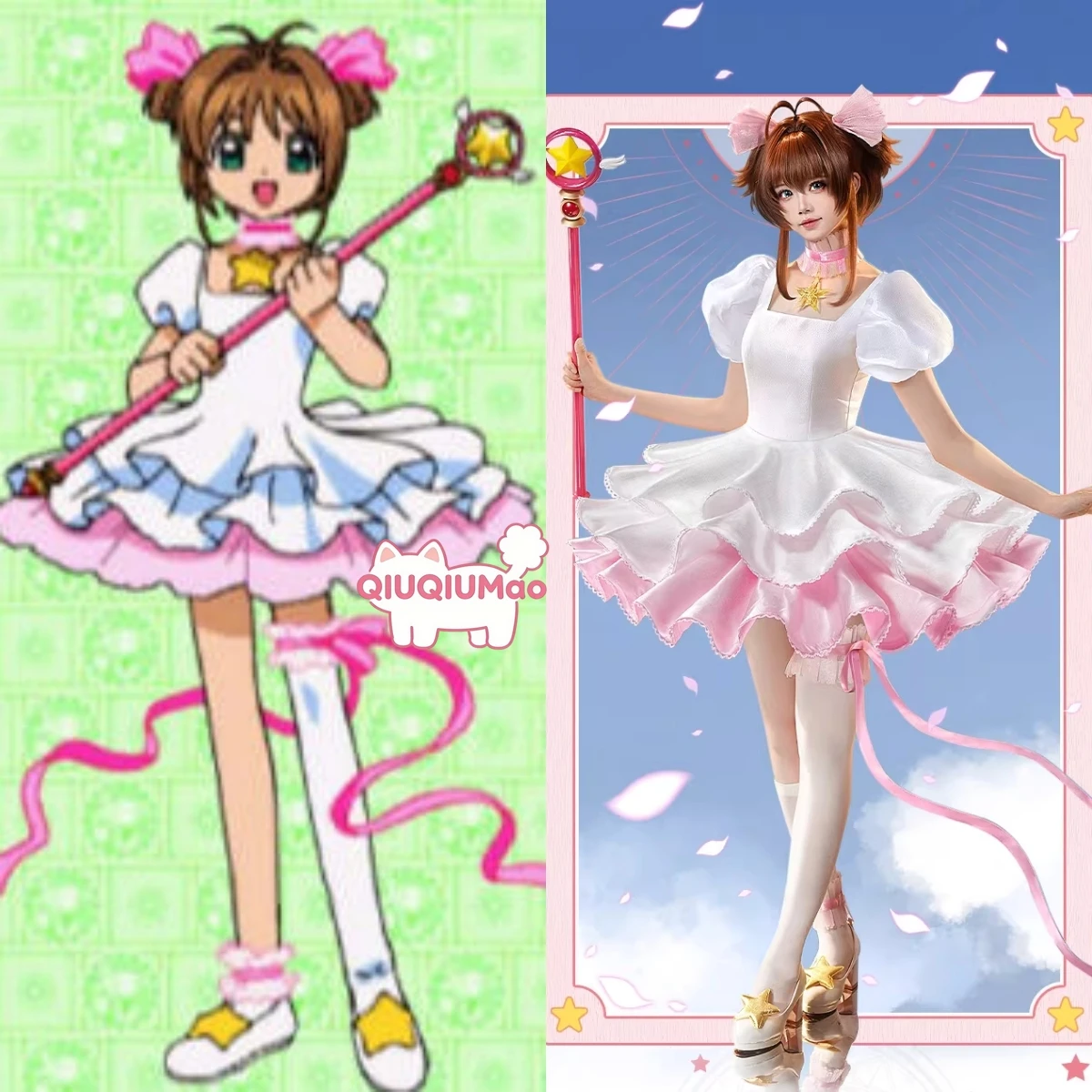 

Hot Cardcaptor Sakura Cosplay Costume Anime Sakura Kinomoto Role Playing Pink & White Battle Outfit for Women Comic Con Party