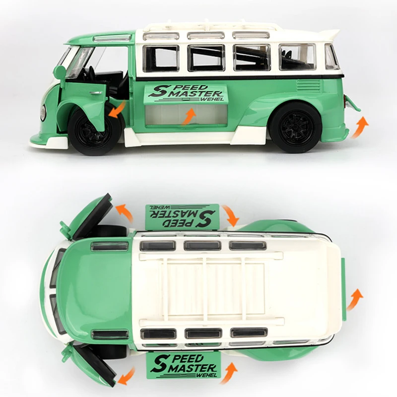 1/32 Volkswagen T1 Minibus Samba JDP Modified Toy Car For Children Diecast Miniature Model Sound & Light Collection Gift Boys