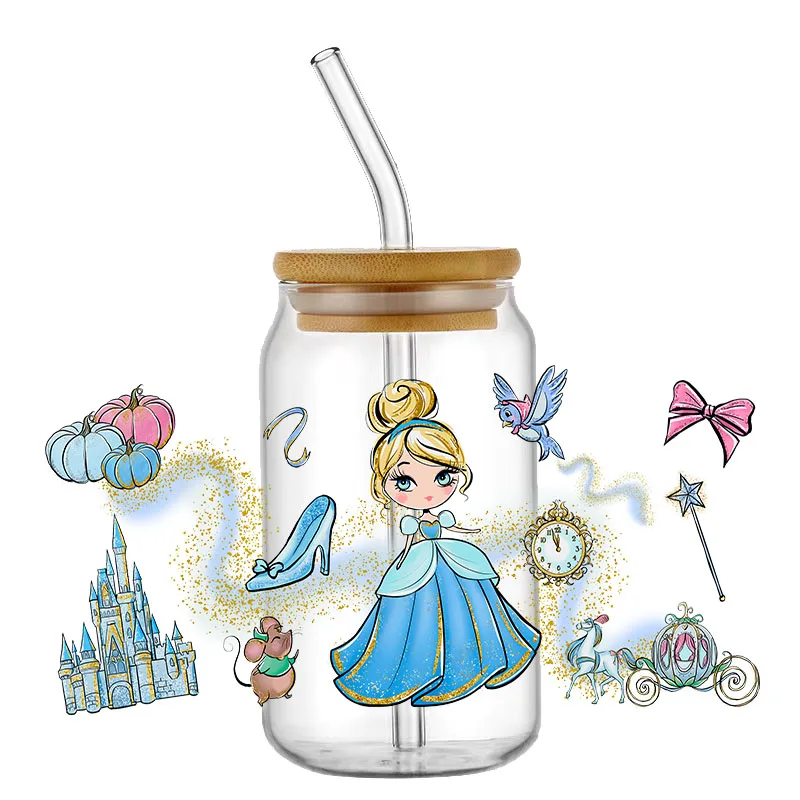 Disney-Adesivo de Transferência Impermeável dos Desenhos Animados para Copo de Vidro, Envoltório Adesivos, Congelado, Princesa Elsa, Anna, UV, DTF, Transfere Decalques, 16oz