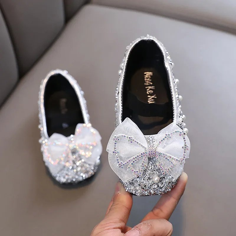 Girls Princess Shoes Glitter Luxury Party Shallow Children Ballet Flats 21-36 Elastic Band Fashion Lace Bowknot Kids Dance Shoes