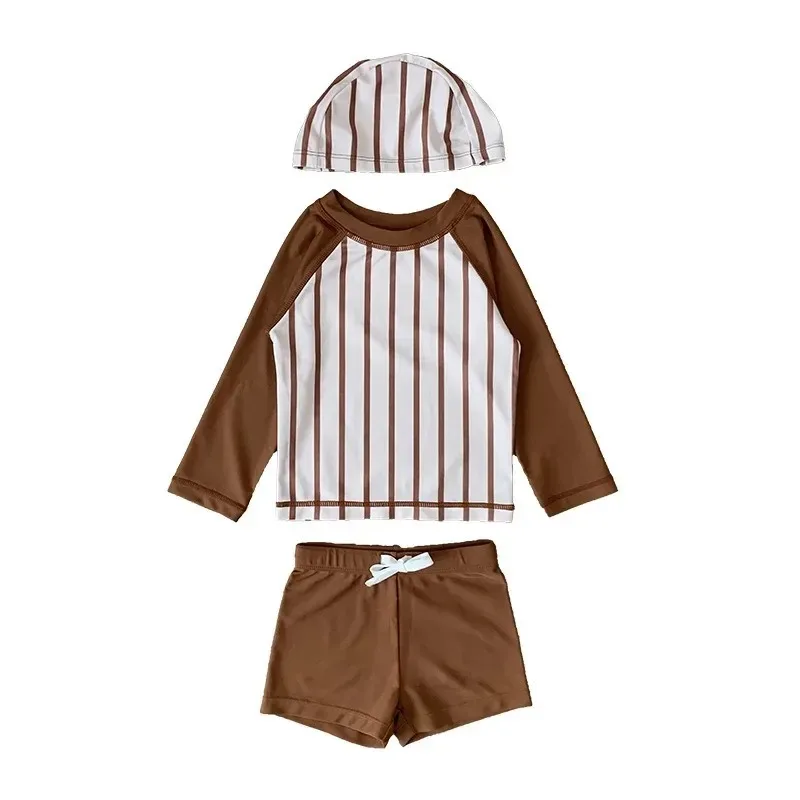 Boy Girl Sports Split Swimsuit Stripes Long Sleeve Top+Swimming Trunks+Cap Kids Sun Protection Quick Drying Swimwear A80832