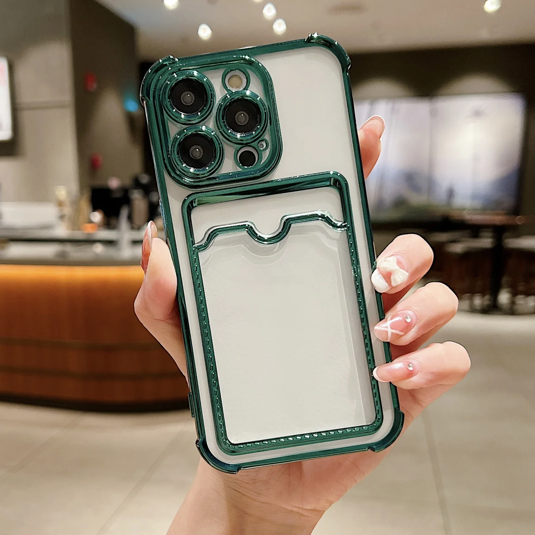 Luxury Plating Transparent Wallet Card Holder Phone Case For iPhone 15 14 13 12 11 Pro Max Plus Card Slot Shockproof Soft Cover