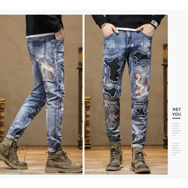 Street biker high-end men's jeans personalized color collision splicing embroidery men's pants small straight pants