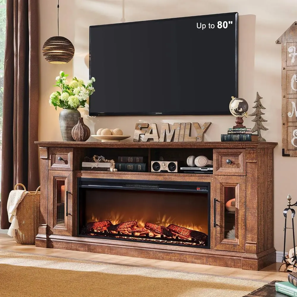 

Подставка для телевизора 80 дюймов с 42-дюймовым экраном, светодиодной подсветкой, ящиками для хранения и шкафами, цвета состаренного соснового дерева.