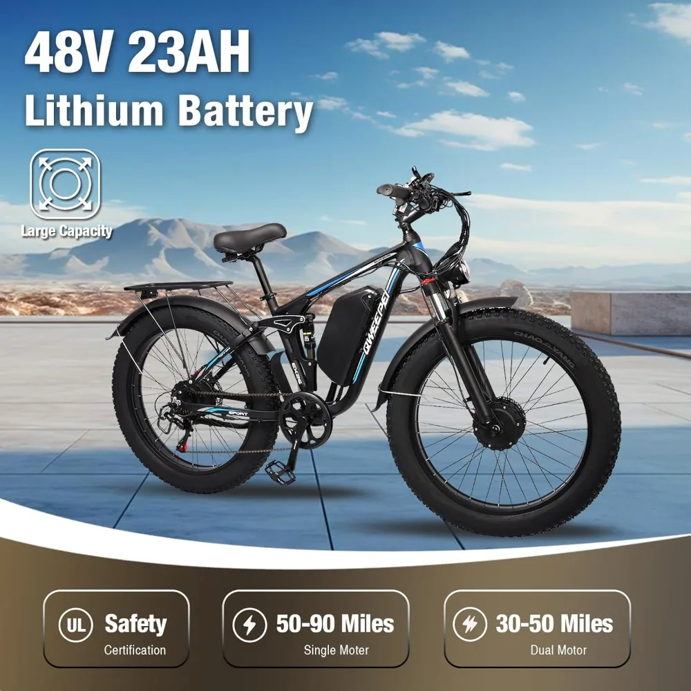 2000W Electirc Bike for Adults Dual Motor Mountain Bike Full Suspension 35MPH 48V 23AH Battery