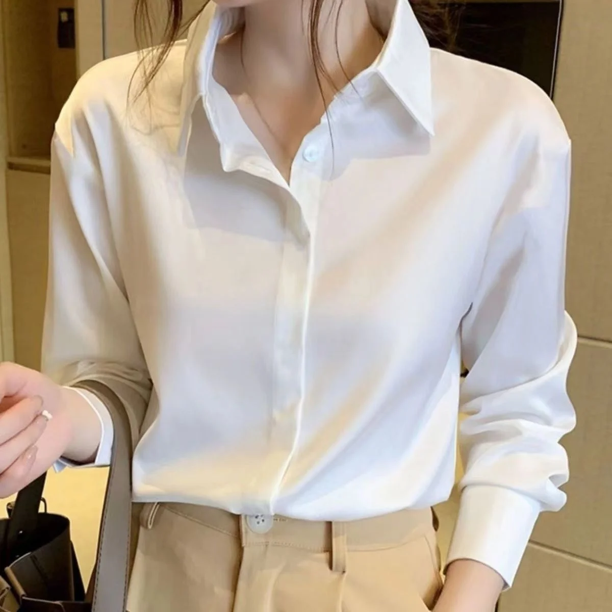 Anti-Wrinkle White Shirt Women's Thin Long Sleeve Base Layer Work Uniform Korean Style Commute Fashion Breathable Polyester