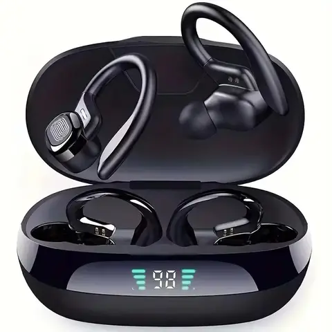 Wireless Earbuds Sport 5.3 Headphones with Noise Cancelling Mic 75H HiFi Stereo Over Ear Bud LED Display USB-C IPX6