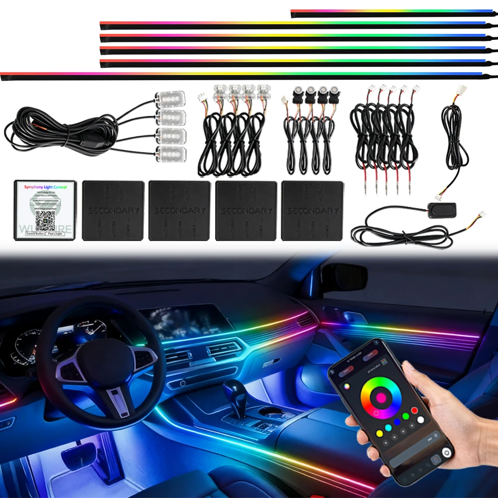 18-in-1 Auto-Ambientebeleuchtung RGB Vollfarbige LED-Acryl-Neonstreifen Dual-Zone Symphonie Streamer Musik App-Steuerung Beleuchtungsset