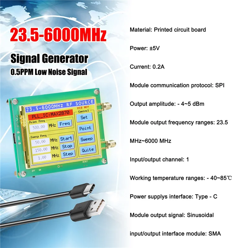 AC56-MAX2870 23,5–6000 MHz 0,5 PPM rauscharmer Signalgenerator, berührbarer Bildschirm, PC-Softwaresteuerung, PLL VCO