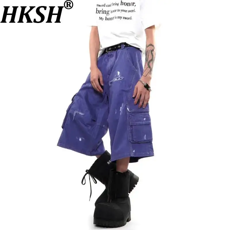 

HKSH Spring Summer New Men Tide Chic American High Street Ripped Pockets Jeans Cargo Denim Pants Women Washed Ins Capris HK24753