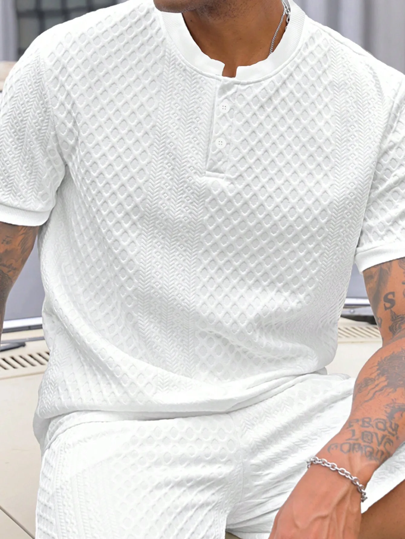 

Men's White Textured Short Sleeve Henley Shirt with Stand-Up Collar, Breathable Casual Summer Top
