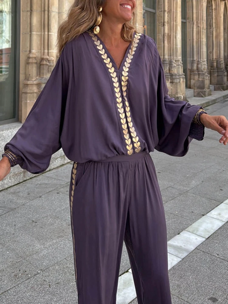 

Осенний женский повседневный стиль с длинными рукавами из полиэстера, новинка 2025, модный пуловер с v-образным вырезом и блестками, комплект длинных брюк с эластичной резинкой на талии