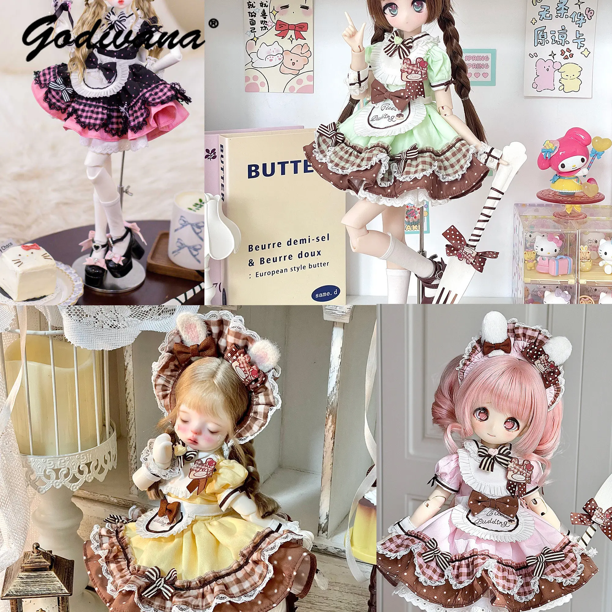 1/4 BJD Doll Clothes Sweet Dessert Pudding Maid Lolita Outfit Bunny Ear Headpiece Plaid Polka‑Dot Apron Dress for 1/6 BJD Doll