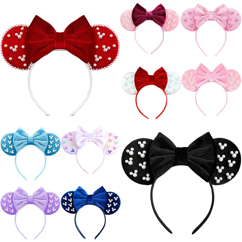 

Colors Soft Cotton Bow Headbands Girls Disney White Pearls Mickey Ears Hairbands Kids Minnie Hair Accessories for Women Festival