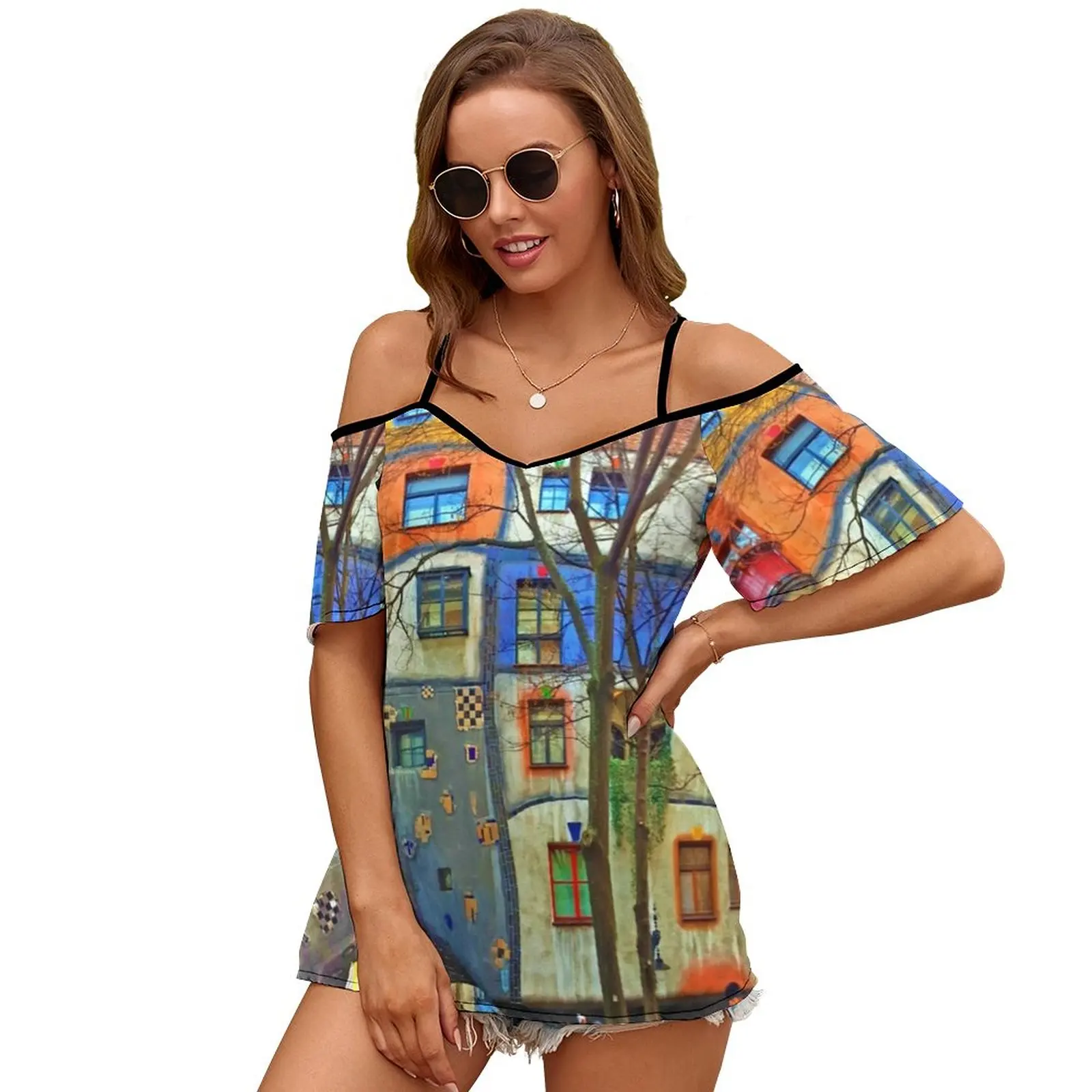 Hundertwasser House Vienna Print O-Neck Off-The-Shoulder Top Short-Sleeved T-Shirt Ladies Streetwear Hundertwasser House Vienna