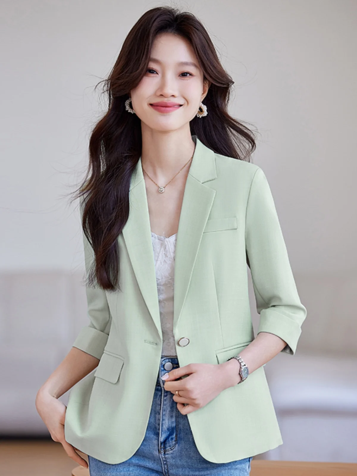 

Business Commute Style Slim Fit Single Button Suit Jacket Women's Spring Summer Elegance Small Size Seven Sleeve Suit