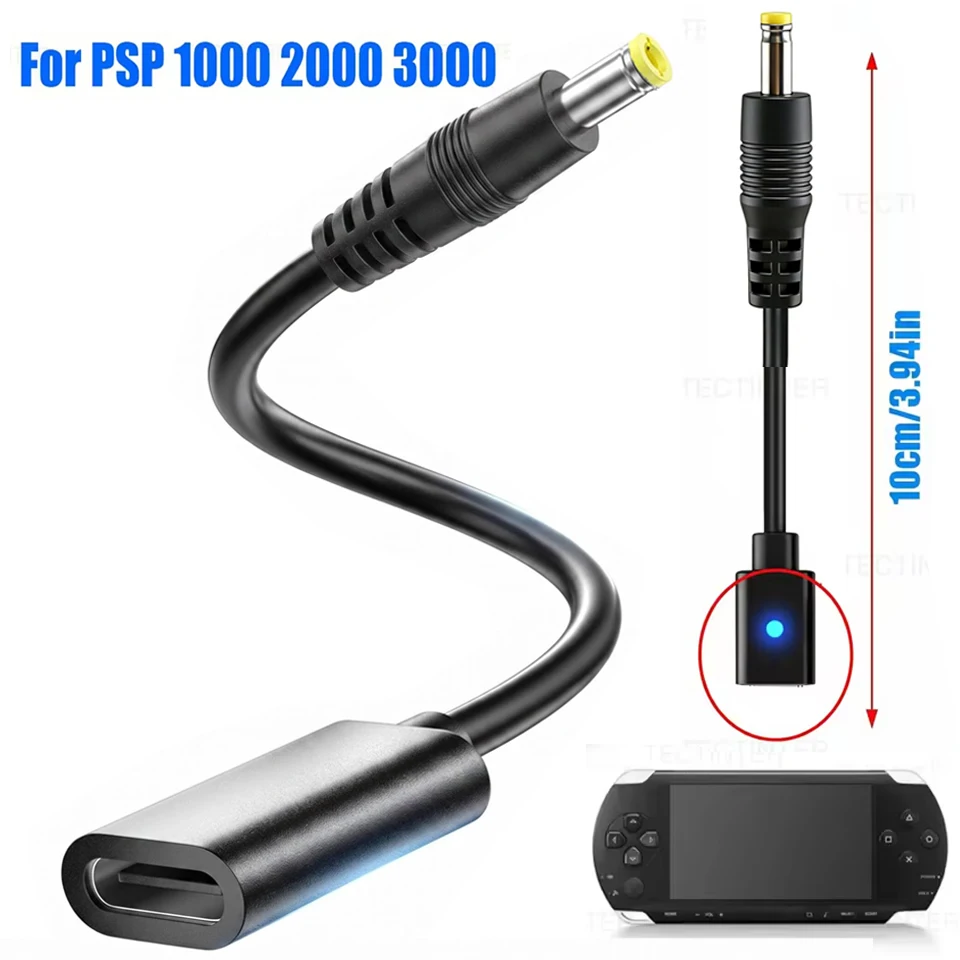 USB Type-C Charging Cable Adapter for Playstation PSP1000/2000/3000 Game Console with LED Convert Power Supply Wire Cord