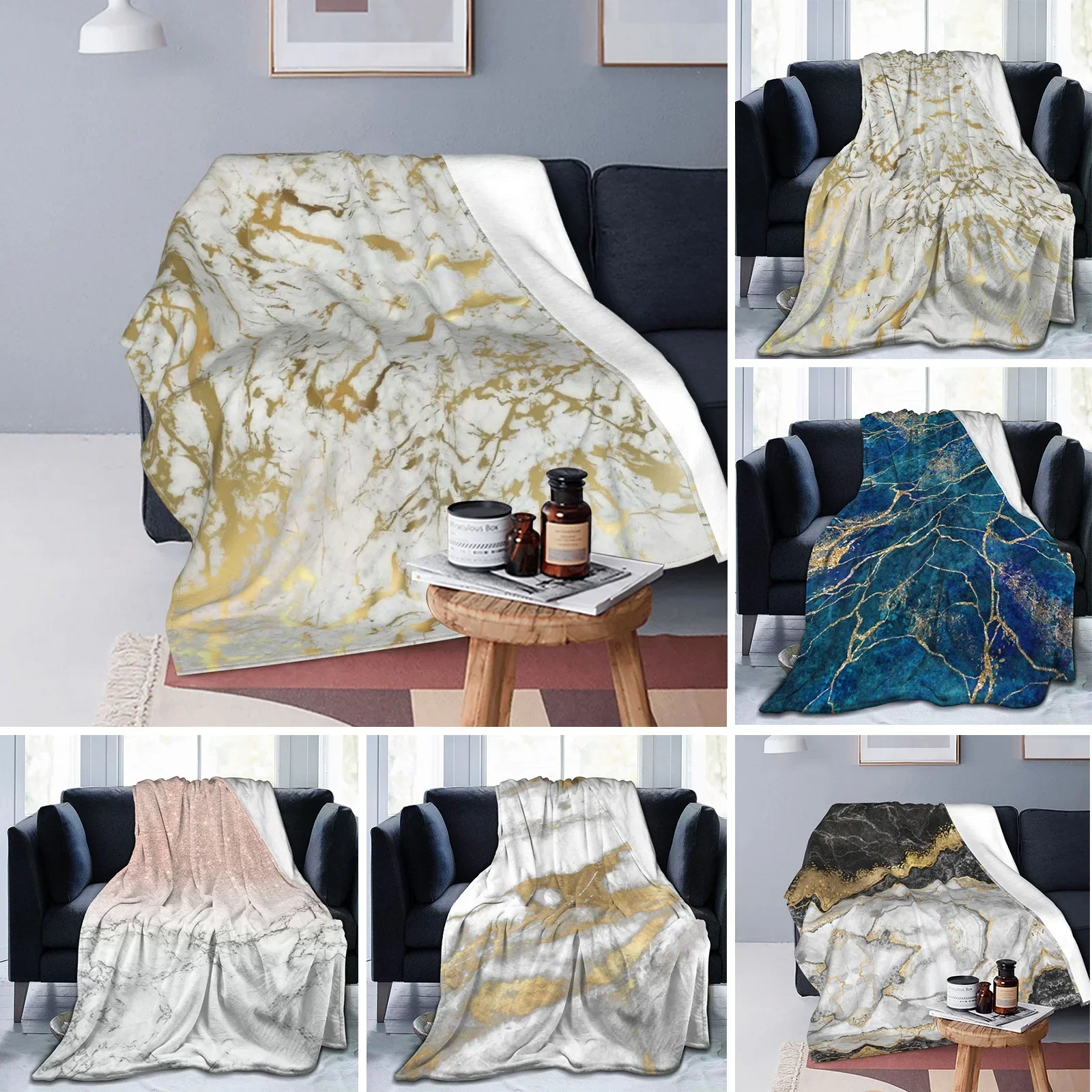 Gold Marble On White Fleece Throw Blanket Modern Geometric Graphic Blanket for Sofa Bedroom Bed Couch Chair or Floor Soft Quilt