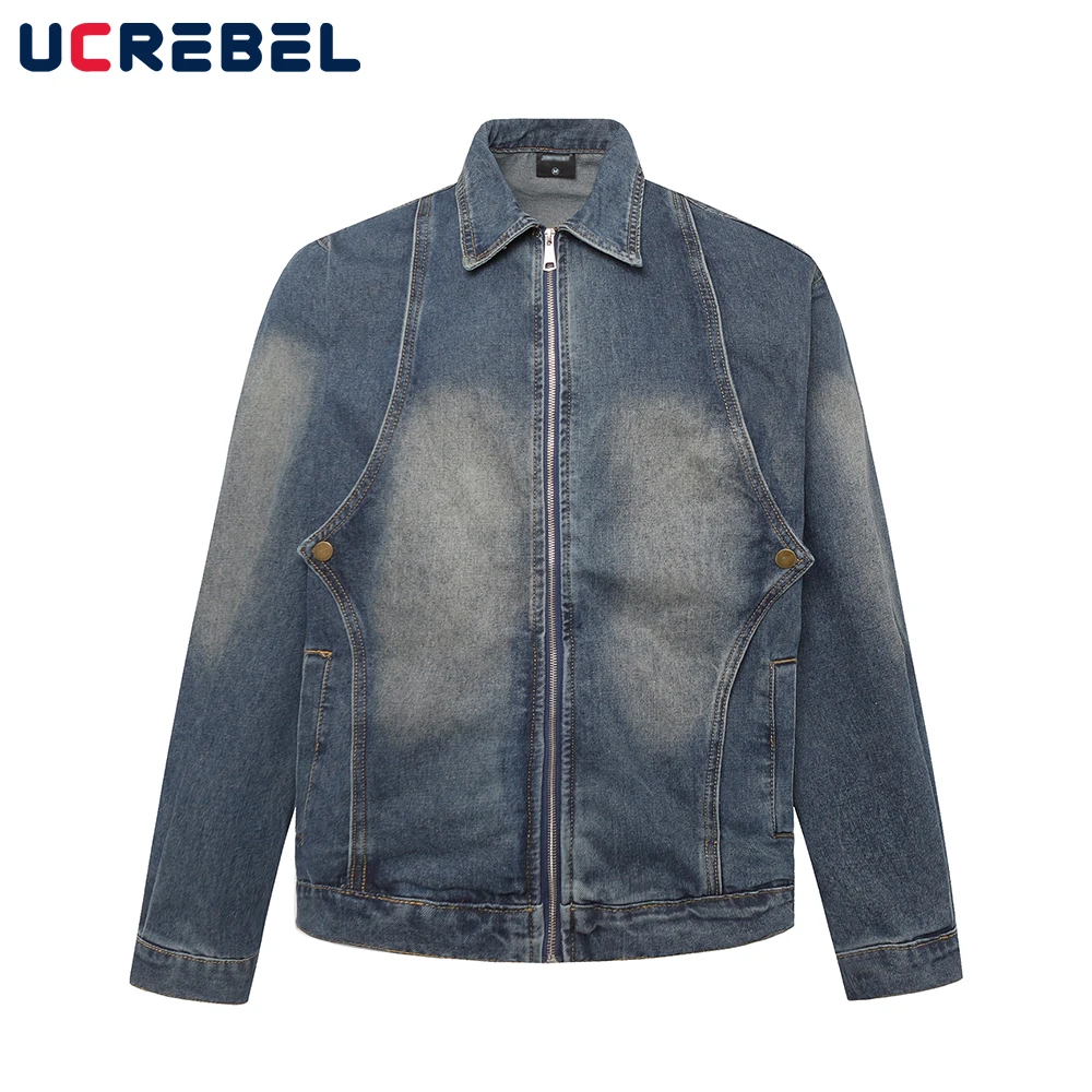 Washed Distressed Spliced Denim Jacket Mens Autumn Retro High Street Lapel Zipper Fly Long Sleeve Jeans Jacket Men