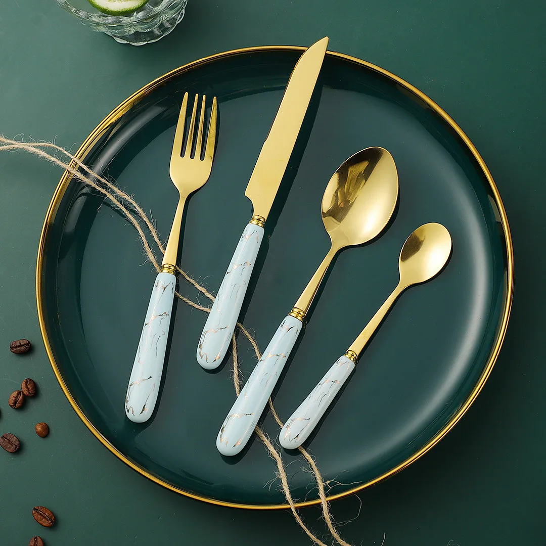 

Ceramic Handle Gold Cutlery Set Stainless Steel Dinnerware Set 16Pcs Knives Forks Coffee Spoons Kitchen Dinner Tableware Set