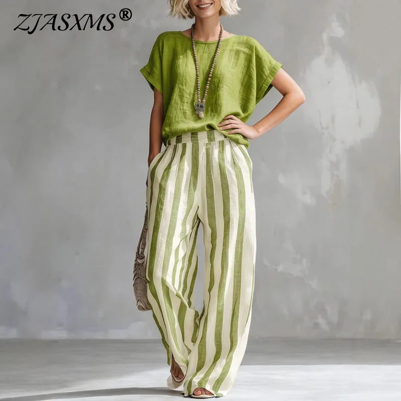 

Элегантный богемный комплект из хлопка и льна: топ и брюки с широкими штанинами в полоску для женщин, повседневный наряд для весны, лета и пляжного отдыха