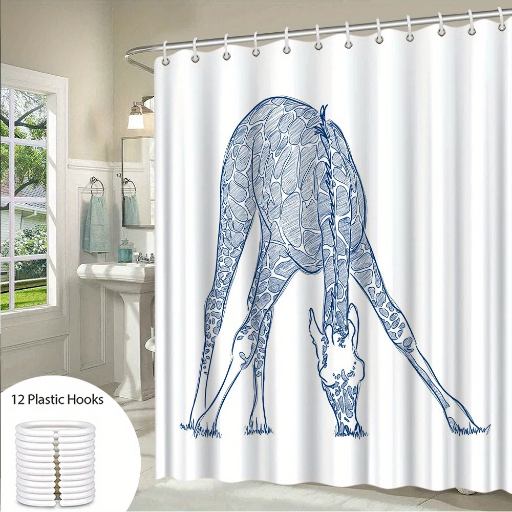 1pc Blue Line Giraffe Shower Curtain - Detailed Digital Art Design, Intricate Coat Pattern, Stylish Home Bathroom Decor, 70.8x70
