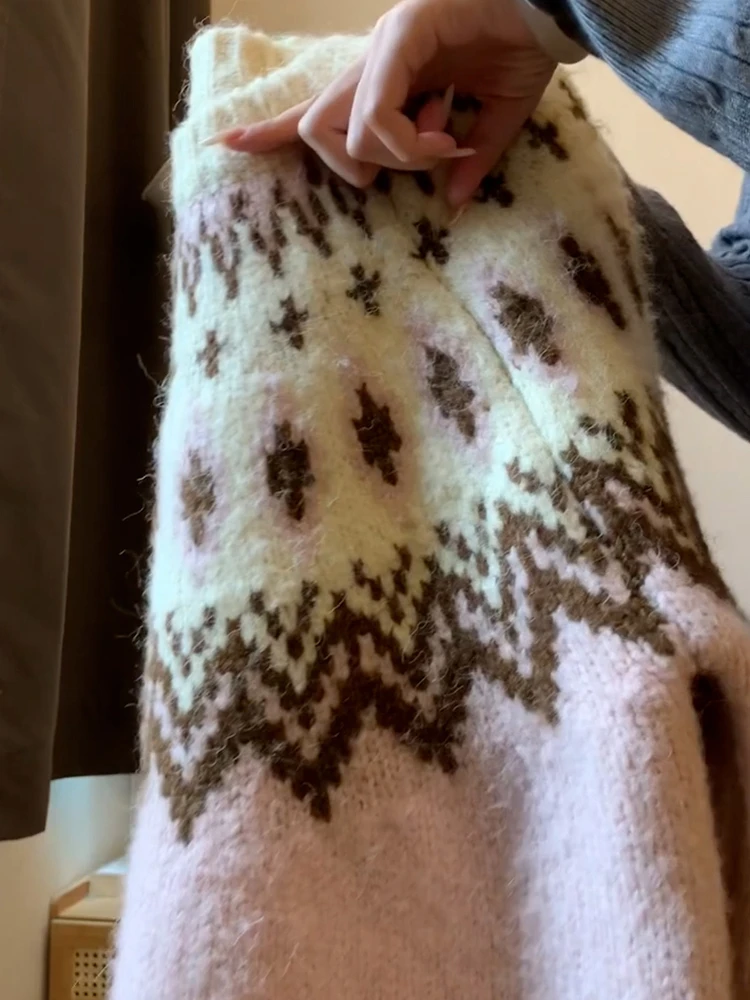 Thiened Pink Fair Isle Maglieria da donna rotonda Ne Abbigliamento interno Top Winter Faion Coreano Sle Vestibilità regolare Colore