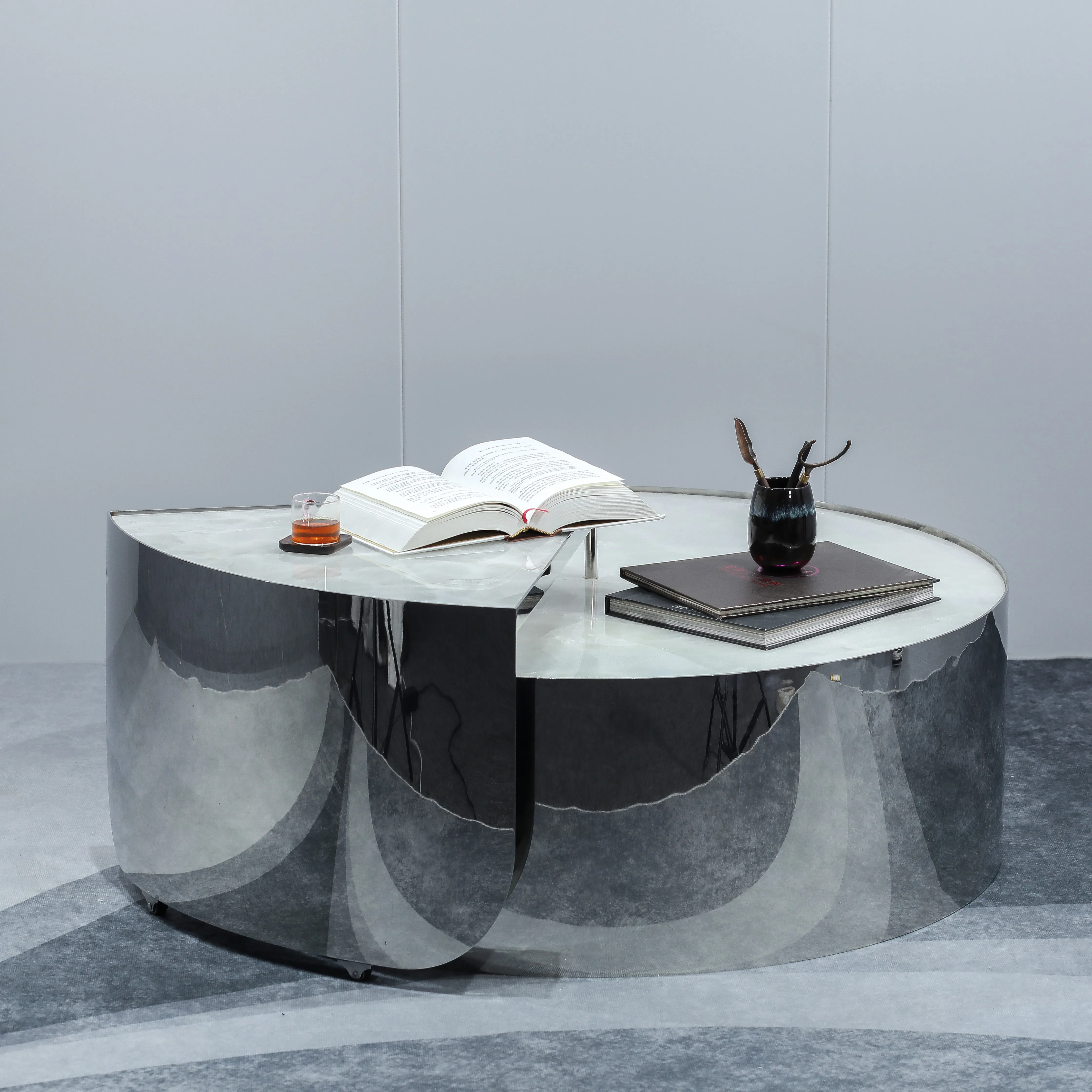 Modern Durable Steel Marble Coffee Table Tempered Glass One Meter Diameter Rotating White Top Living Room Furniture