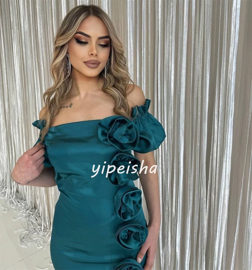 Intricate Satin Flower Ruched A-line Off-the-shoulder Long Dresses Celebrity Dresses Matching Classic Exquisite Unisex Elegant