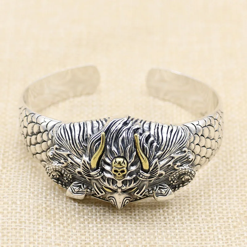 925 Sterling Silver Aggressive Personality Golden Winged Dapeng Open Large Wide Face Bracelet Thai Silver Bracelet Punk Fashion