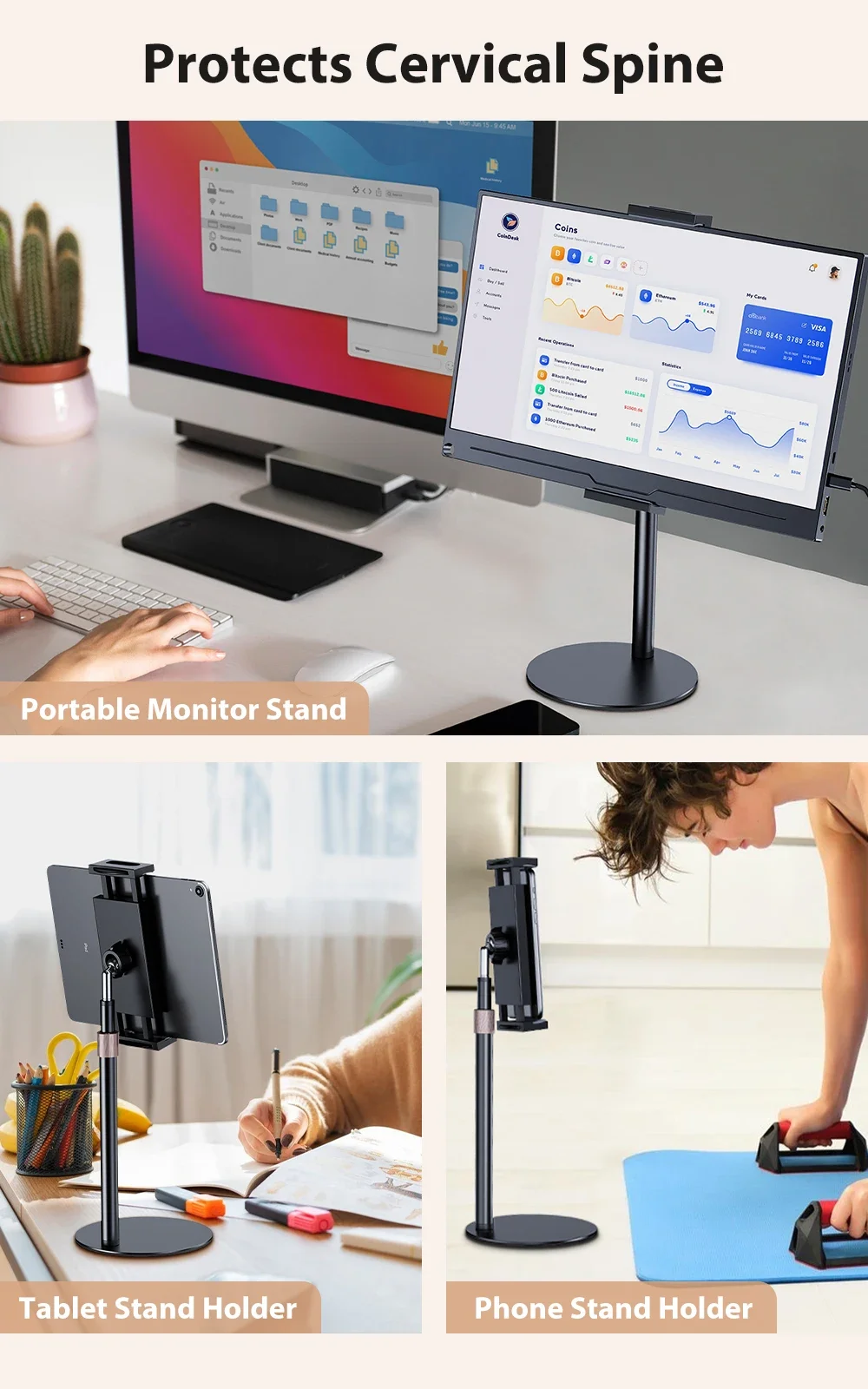Drehbarer tragbarer Tablet-Monitorständer, höhenverstellbar, VESA-Monitor-Tablet-Halterung, freistehend, flache Tischhalterung für Geräte bis zu 17,3 Zoll. – Detail 7
