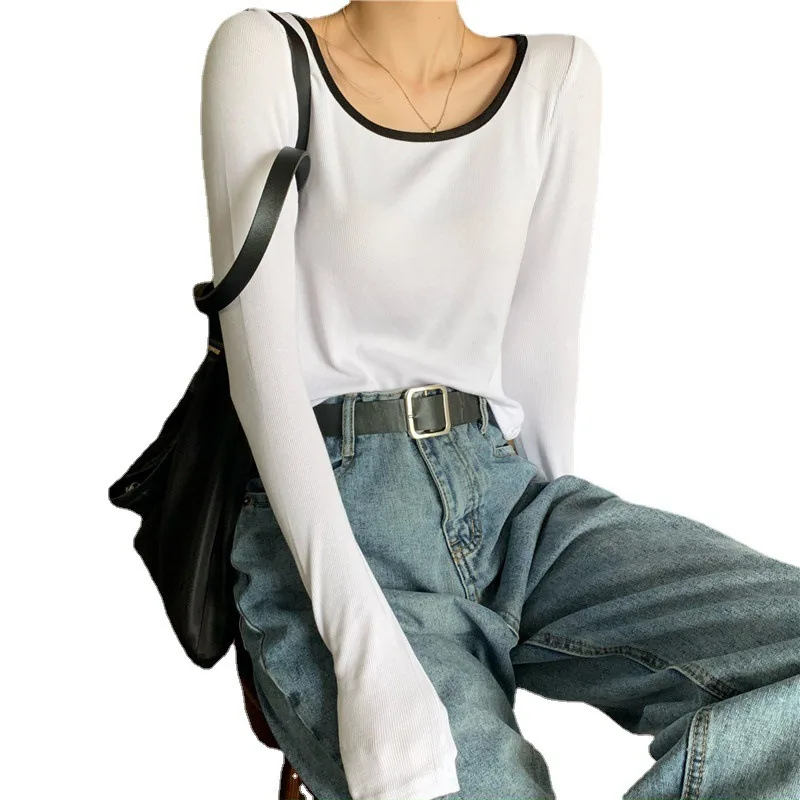 Women Sweet Spicy Contrast Collar Long Sleeve T-shirt Slim Fit Scoop Neck Basic Layering Short Student Casual Top